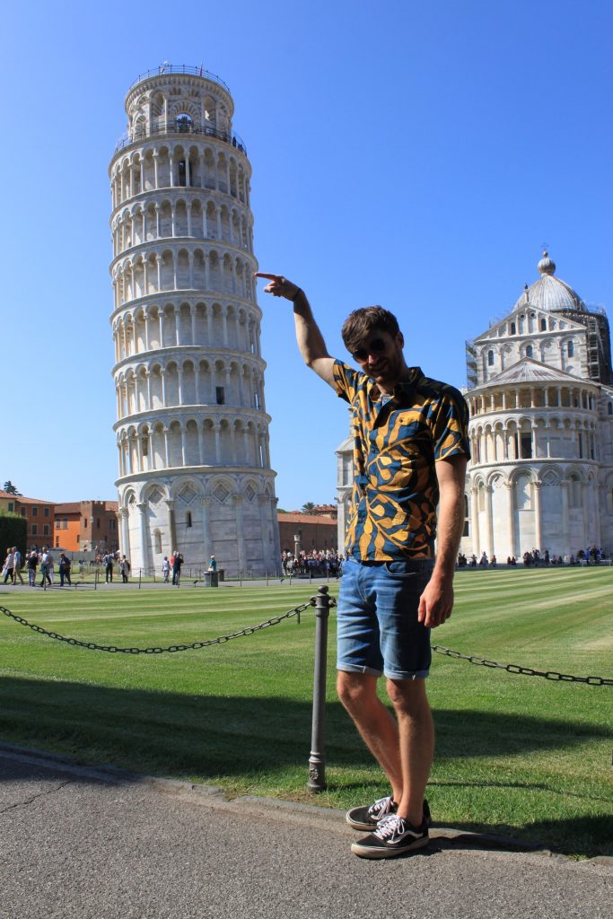 Me pushing over the leaning tower.