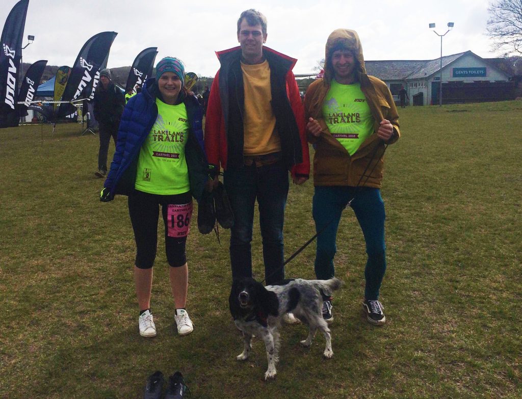 Briony, James, Tim and Aggie the Dog, post-race at Cartmel's Lakeland Trails 2018
